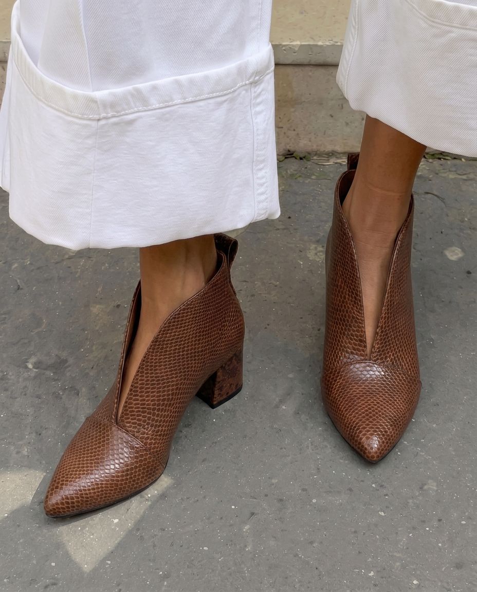 Snake Embossed V-CutPointed Toe Block Heel Booties [Pre Order]