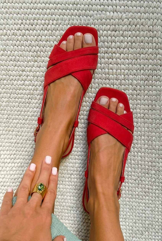 Suede Crisscross Square Toe Slingback Flat Sandals [Pre Order]