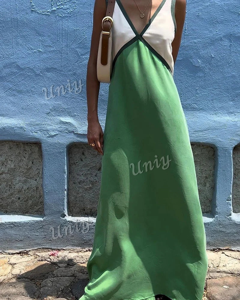 Chic V-neck contrasting color dress
