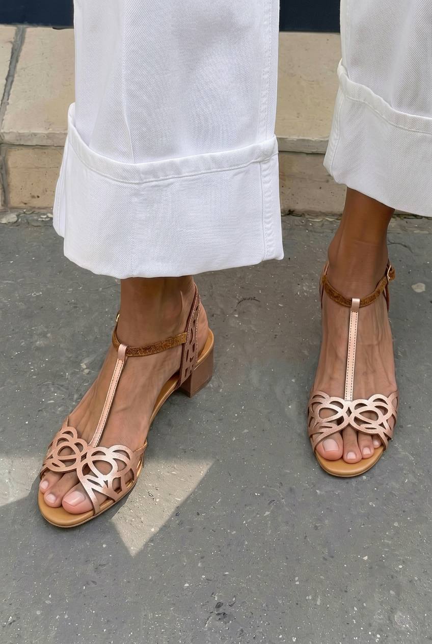 Laser Cut T-Strap Block Heel Sandals [Pre Order]