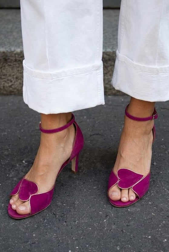 Heart Peep Toe Ankle Strap Magenta Kitten Heels [Pre Order]