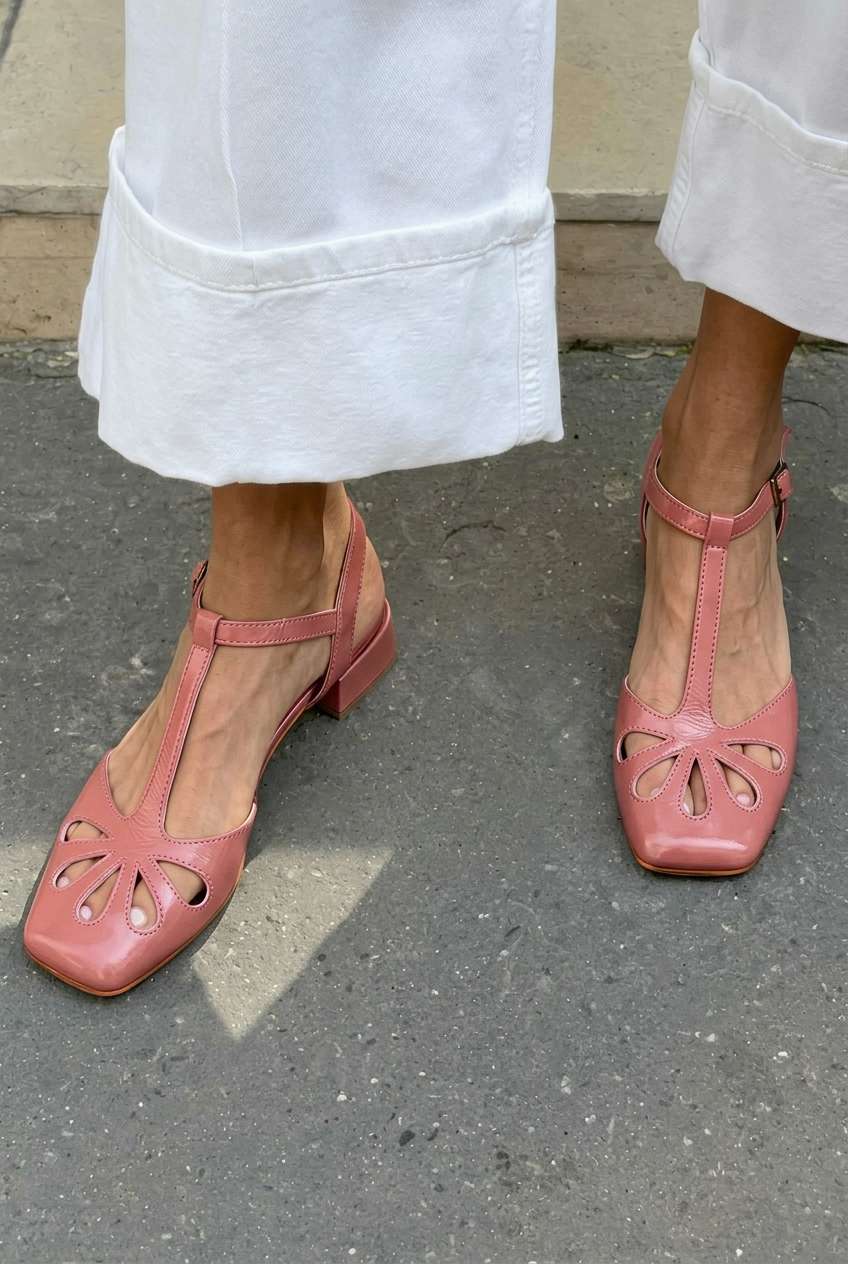 Floral Cutout Square Toe T-Strap Orange Block Heels