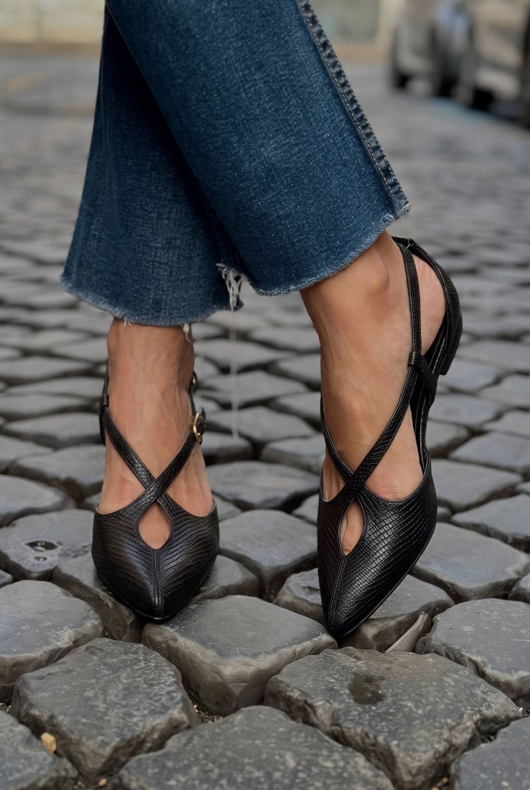 Embossed Crisscross Pointed Toe Slingback Flat Shoes [Pre Order]