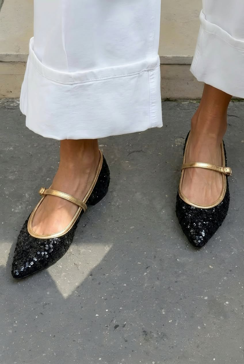 Sequined Mary Jane Pointed Toe Flat Shoes [Pre Order]