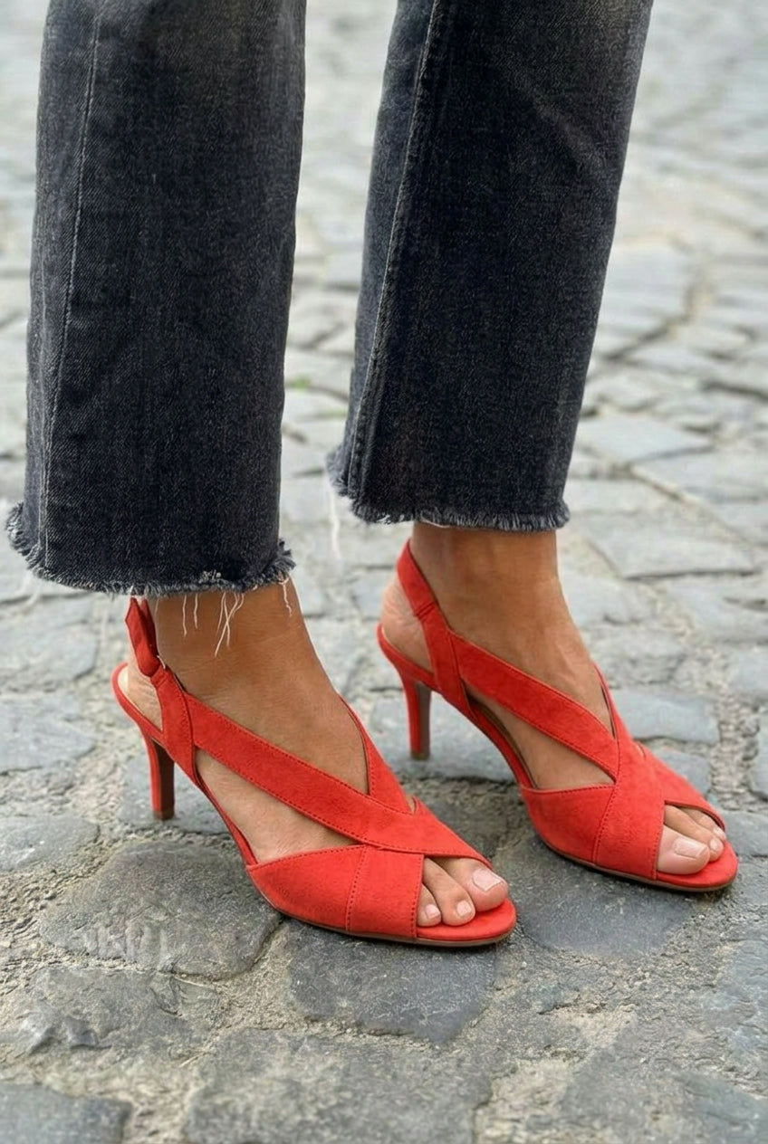 Suede Crisscross Peep Toe Kitten Heel Sandals [Pre Order]