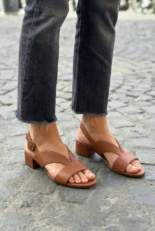 Leather Crossover Open Toe Slingback Block Sandals [Pre Order]
