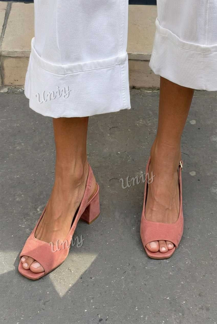 Suede Slingback Peep Toe Block Heel Sandals [Pre Order]
