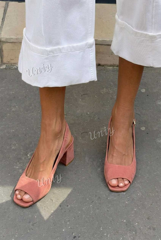 Suede Slingback Peep Toe Block Heel Sandals [Pre Order]