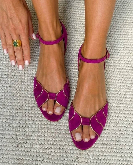 Magenta Suede Scalloped Peep Toe Ankle Strap Flats [Pre Order]