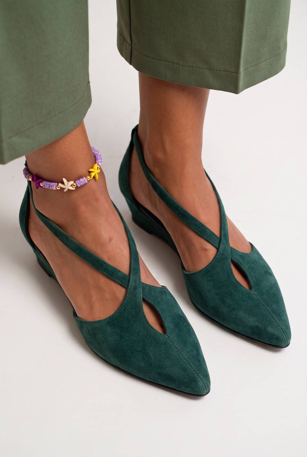 Suede Crisscross Cutout Pointed Toe Low Wedge Pumps [Pre Order]