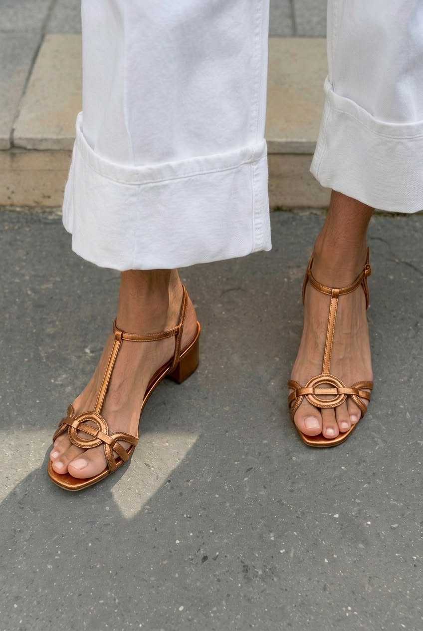 Metallic Circular Link T-Strap Block Sandals [Pre Order]
