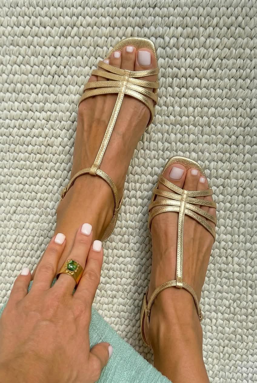 Textured Strappy Square Toe T-Strap Flat Sandals [Pre Order]