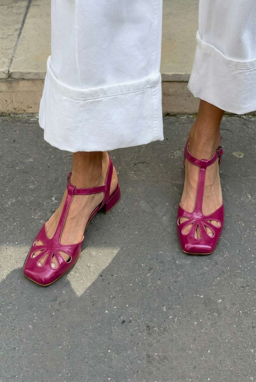 Floral Cutout Square Toe T-Strap Orange Block Heels