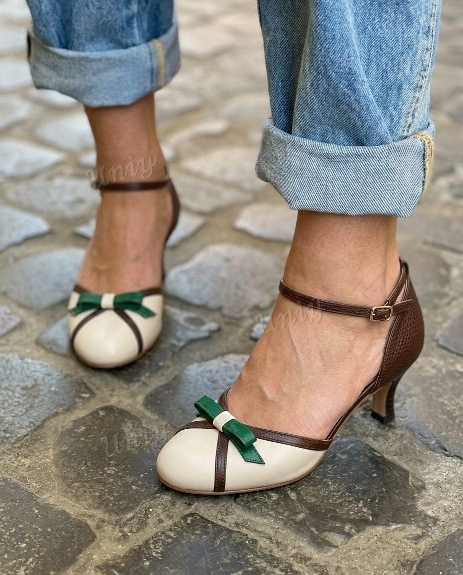 Bow Accent Round Toe Ankle Strap Kitten Heel Pumps [Pre Order]