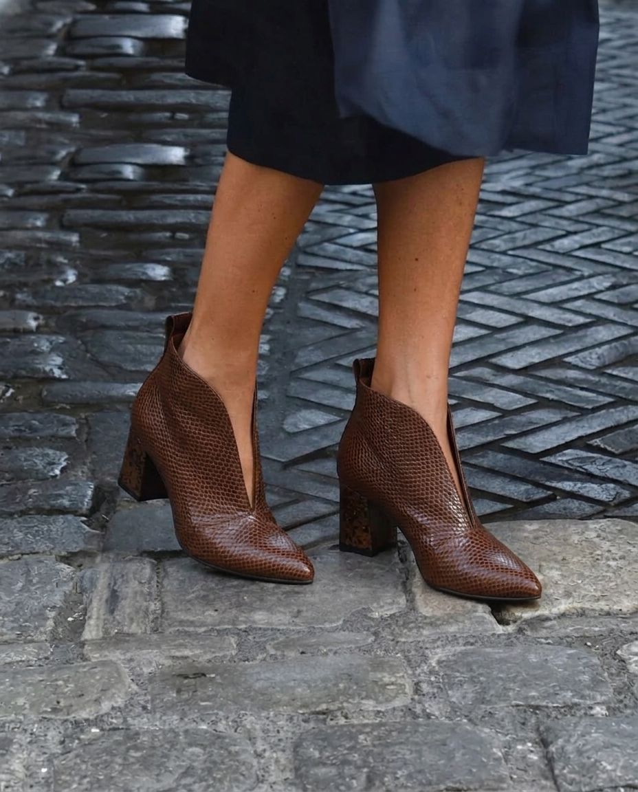 Snake Embossed V Cut Pointed Toe Block Heel Booties [Pre Order]