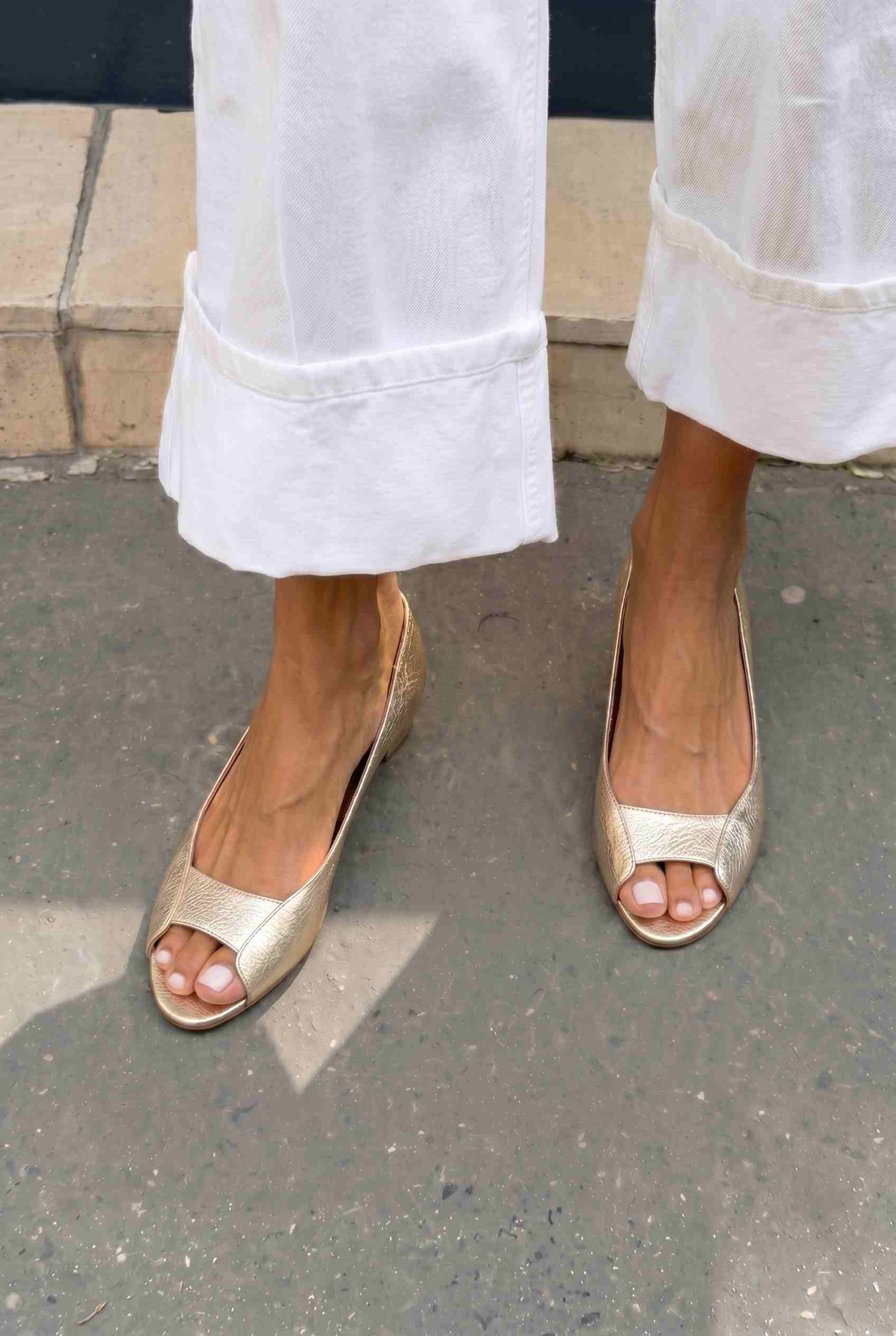 Metallic Peep Toe Low Wedge Casual Shoes [Pre Order]