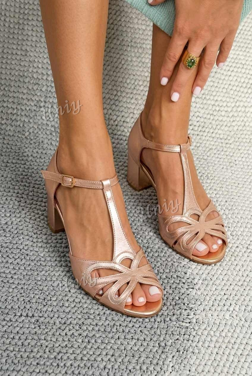 Floral Cutout Peep Toe T-Strap Block Sandals [Pre Order]