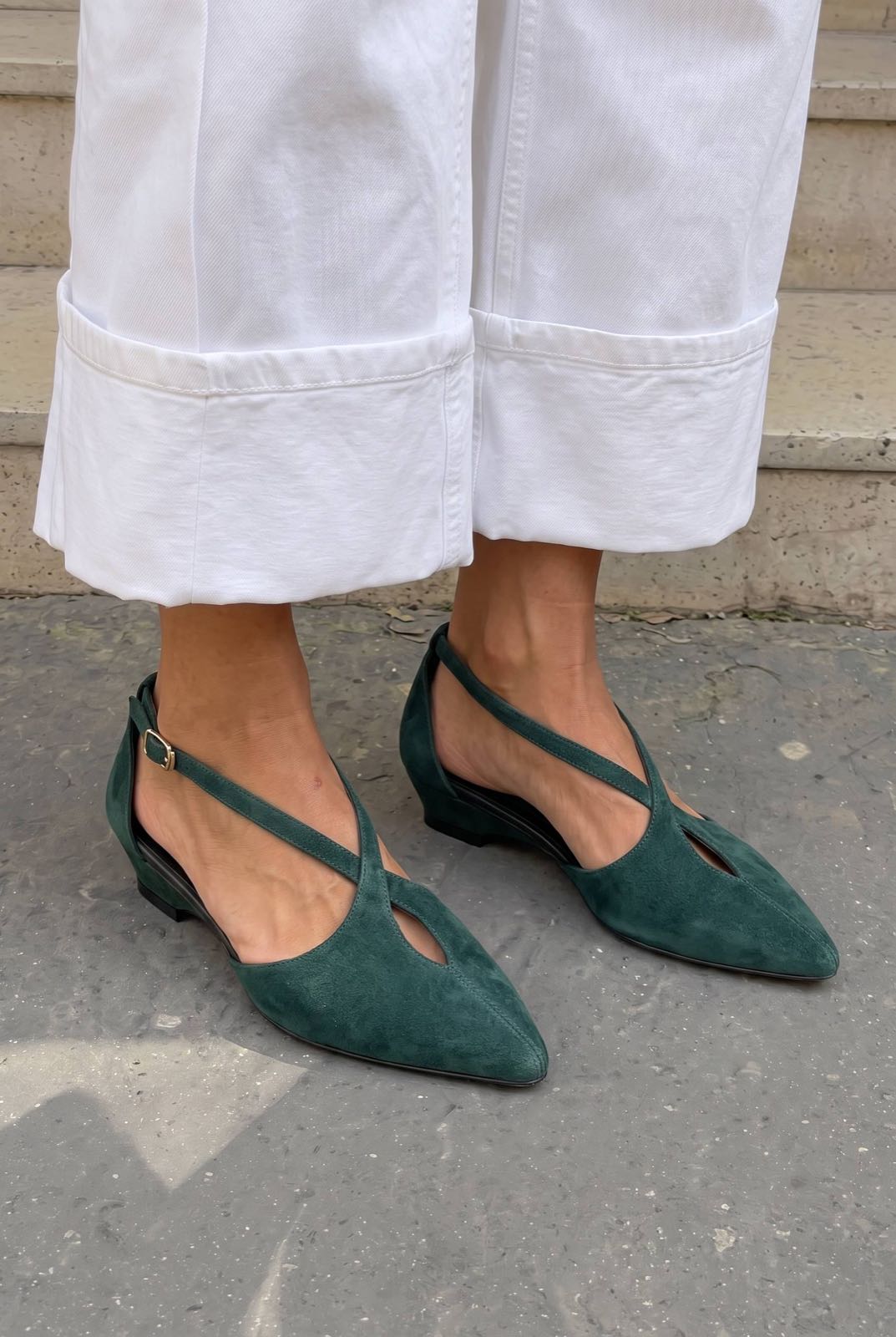Suede Crisscross Strap Pointed Toe Low Wedge Pumps [Pre Order]