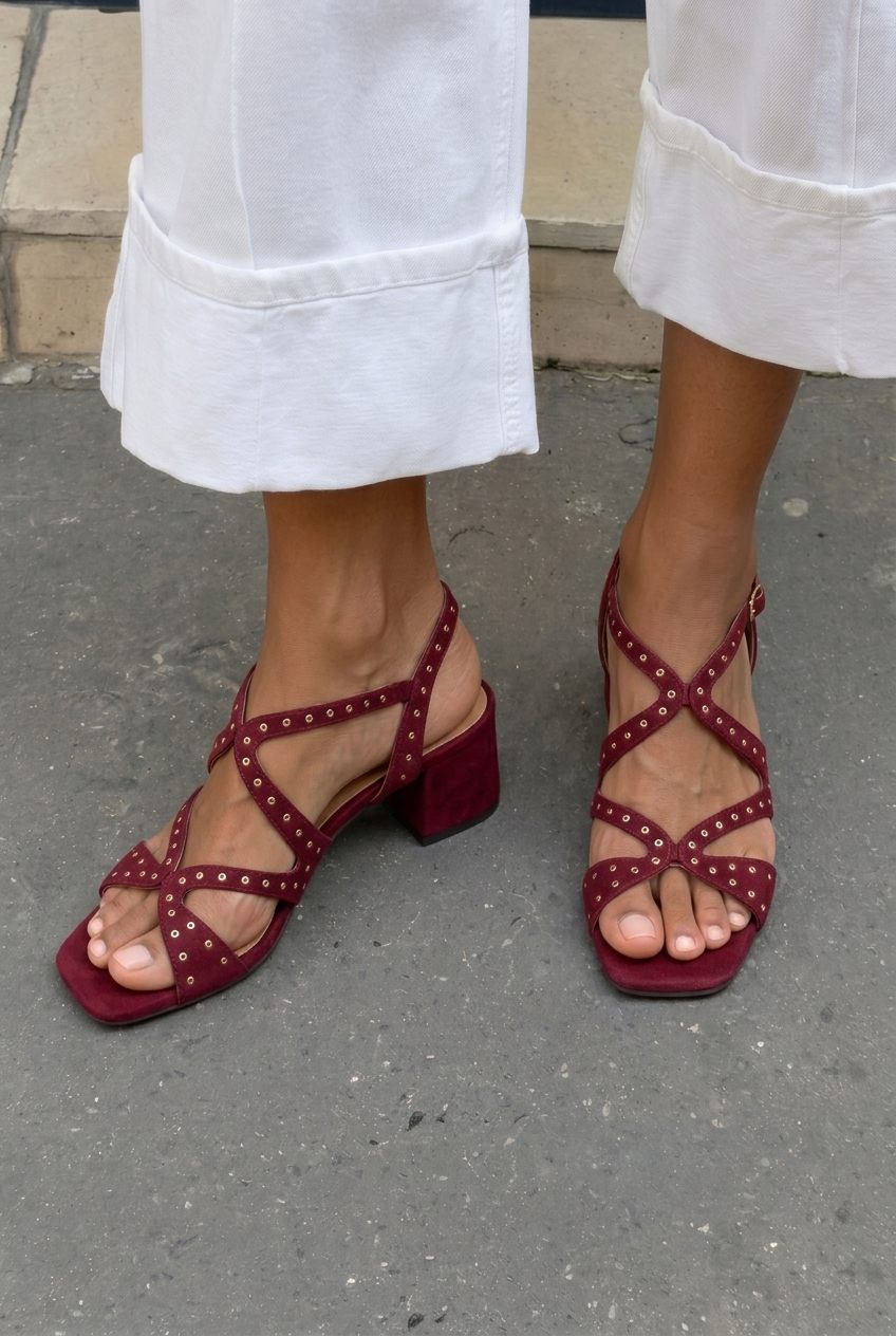 Studded Crisscross Square Toe Block Heel Sandals [Pre Order]