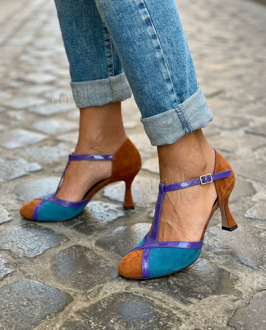 Patchwork T-Strap Round ToeFlared Heel Pumps [Pre Order]