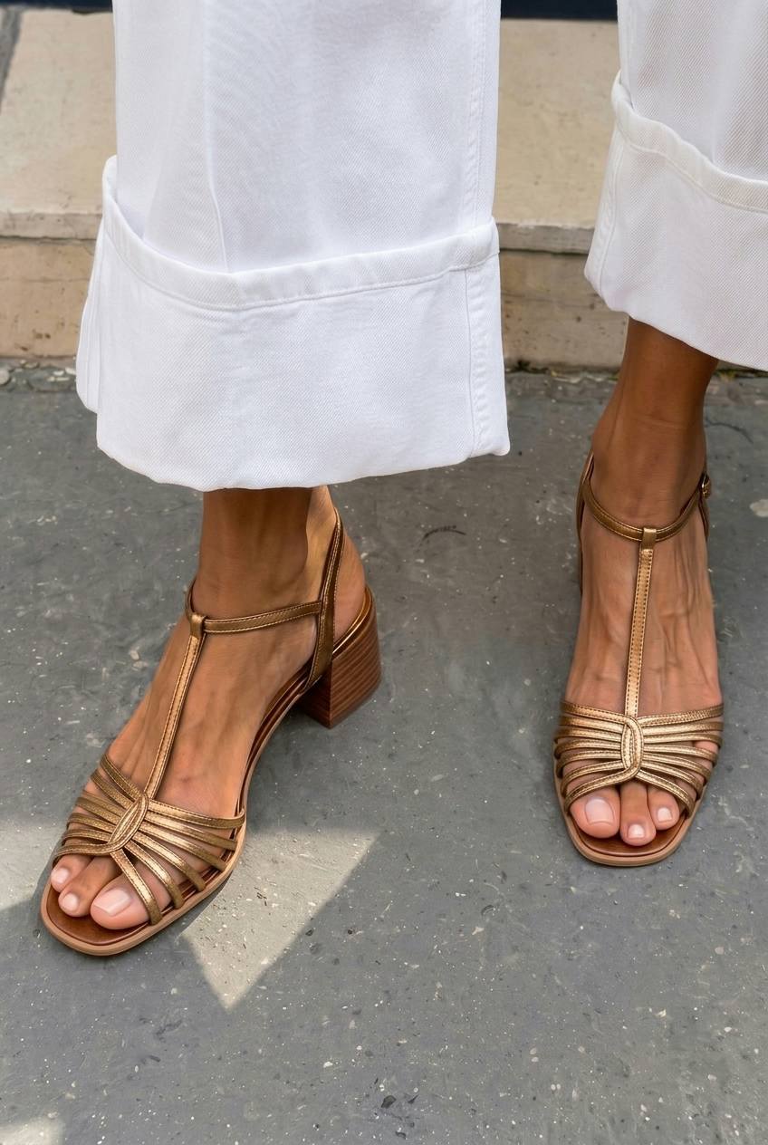 Strappy T-Strap Square Toe Block Sandals [Pre Order]
