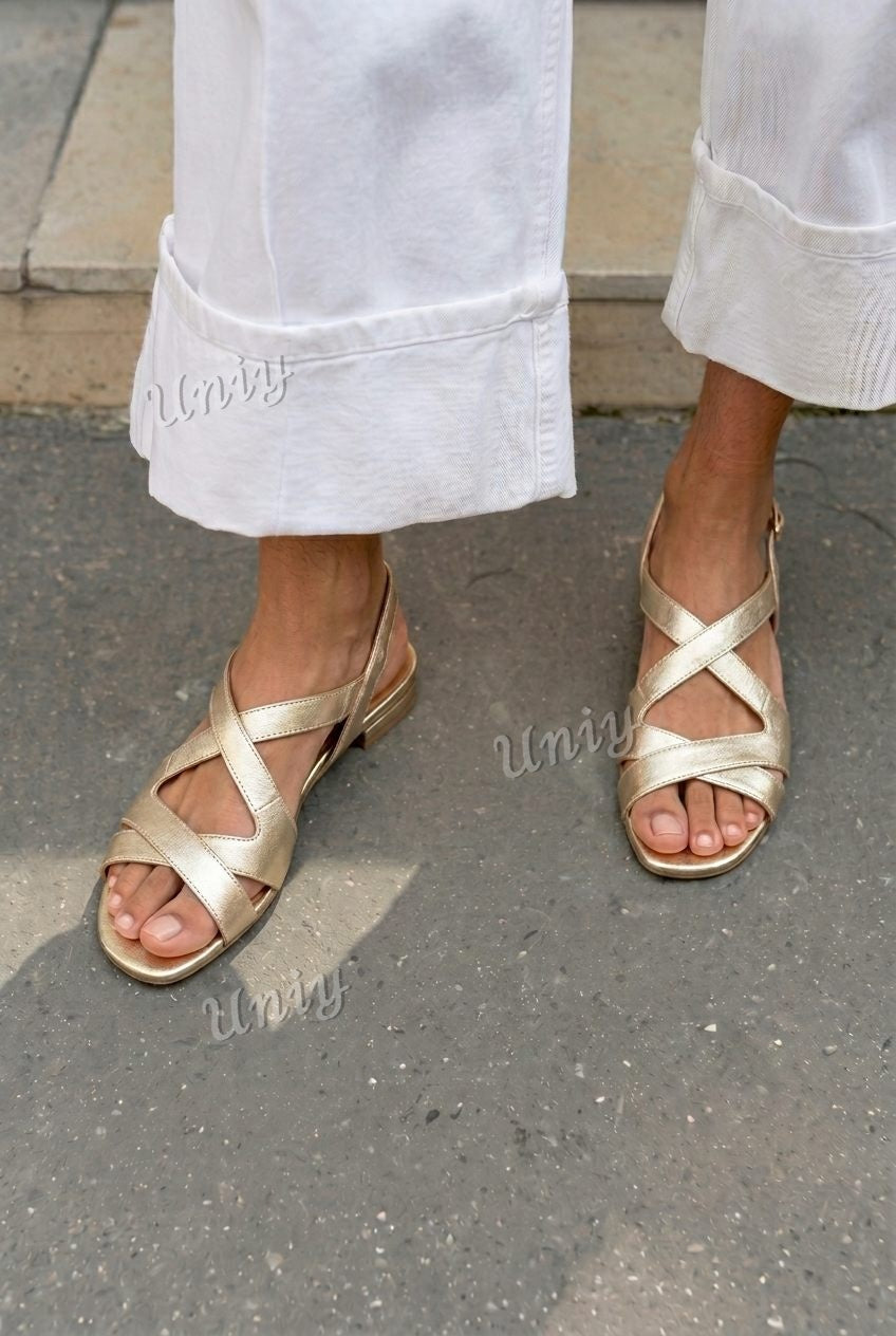 Metallic Crisscross Open Toe Slingback Flat Sandals [Pre Order]