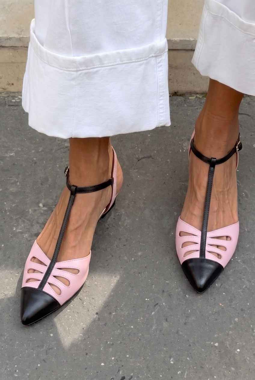 Cutout T-Strap Pointed Cap Toe Flat Shoes [Pre Order]