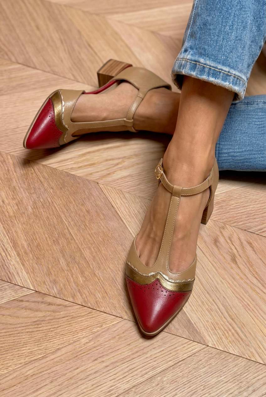 Vintage Brogue Pointed Toe T-Strap Block Pumps [Pre Order]