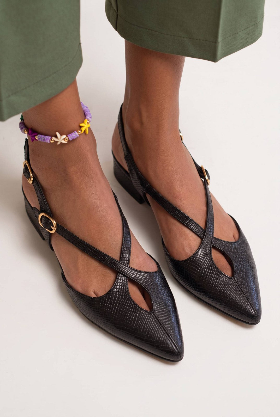 Embossed Crisscross Pointed Toe Slingback Low Heel Pumps [Pre Order]