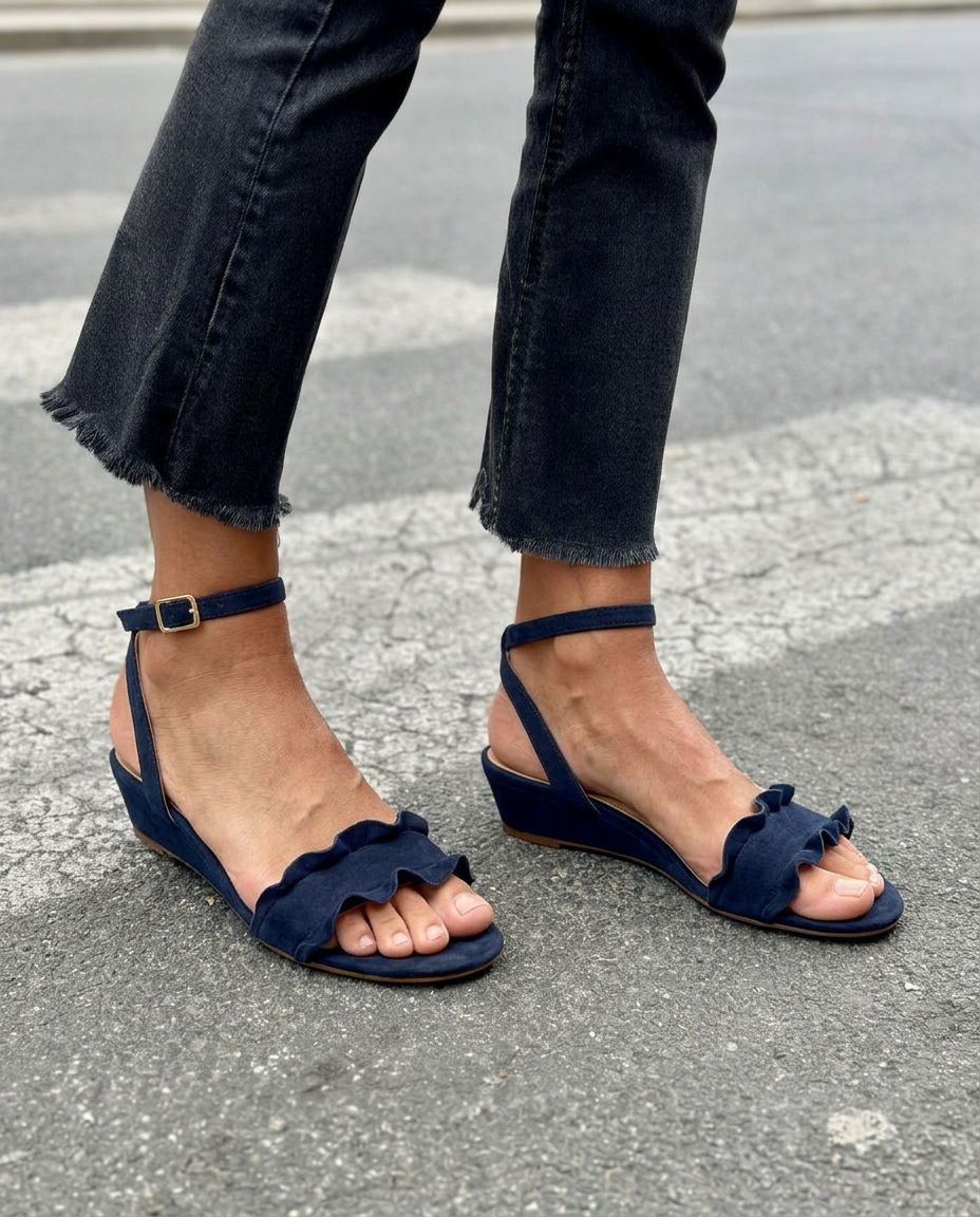 Ruffled Ankle Strap Open Toe Low Wedge Sandals [Pre Order]