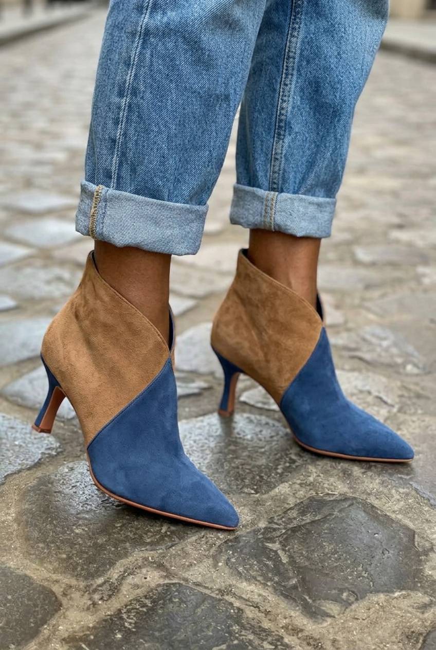 Suede Patchwork PointedToe Kitten Heel Ankle Boots [Pre Order]
