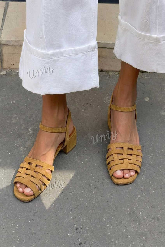 Woven Strap Square Toe Block Heel Sandals [Pre Order]