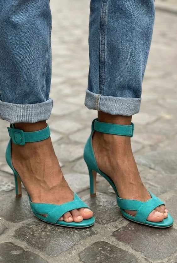 Suede Crisscross Open Toe Slim Heel Ankle Strap Sandals [Pre Order]