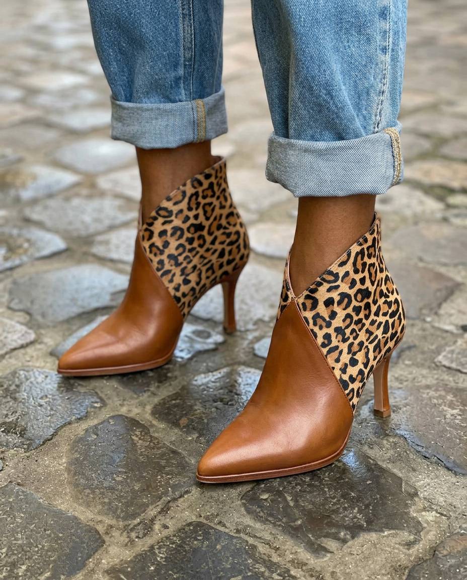 Patchwork V-Cut Pointed Toe Stiletto Ankle Booties [Pre Order]