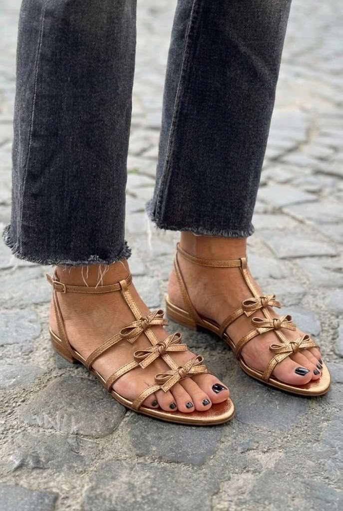 Triple Bow Open Toe Ankle Strap Flat Sandals [Pre Order]