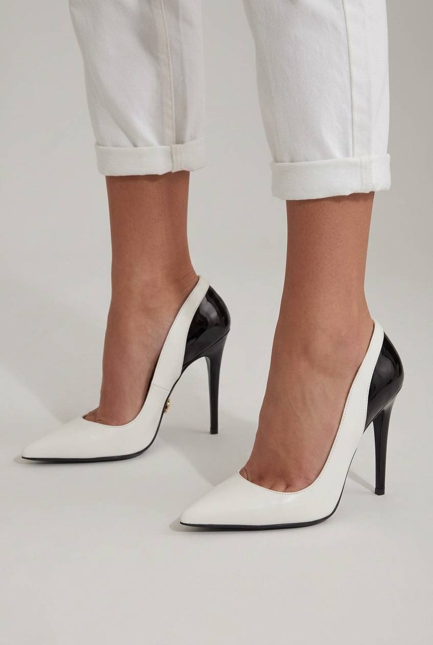 Colorblock Pointed Toe Patent Back Stiletto PumpsCOLOR: White and Black [Pre Order]