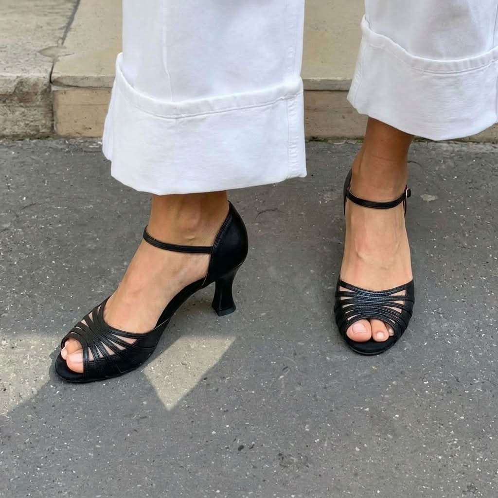 Strappy Peep Toe Ankle Strap Black Flared Heels [Pre Order]