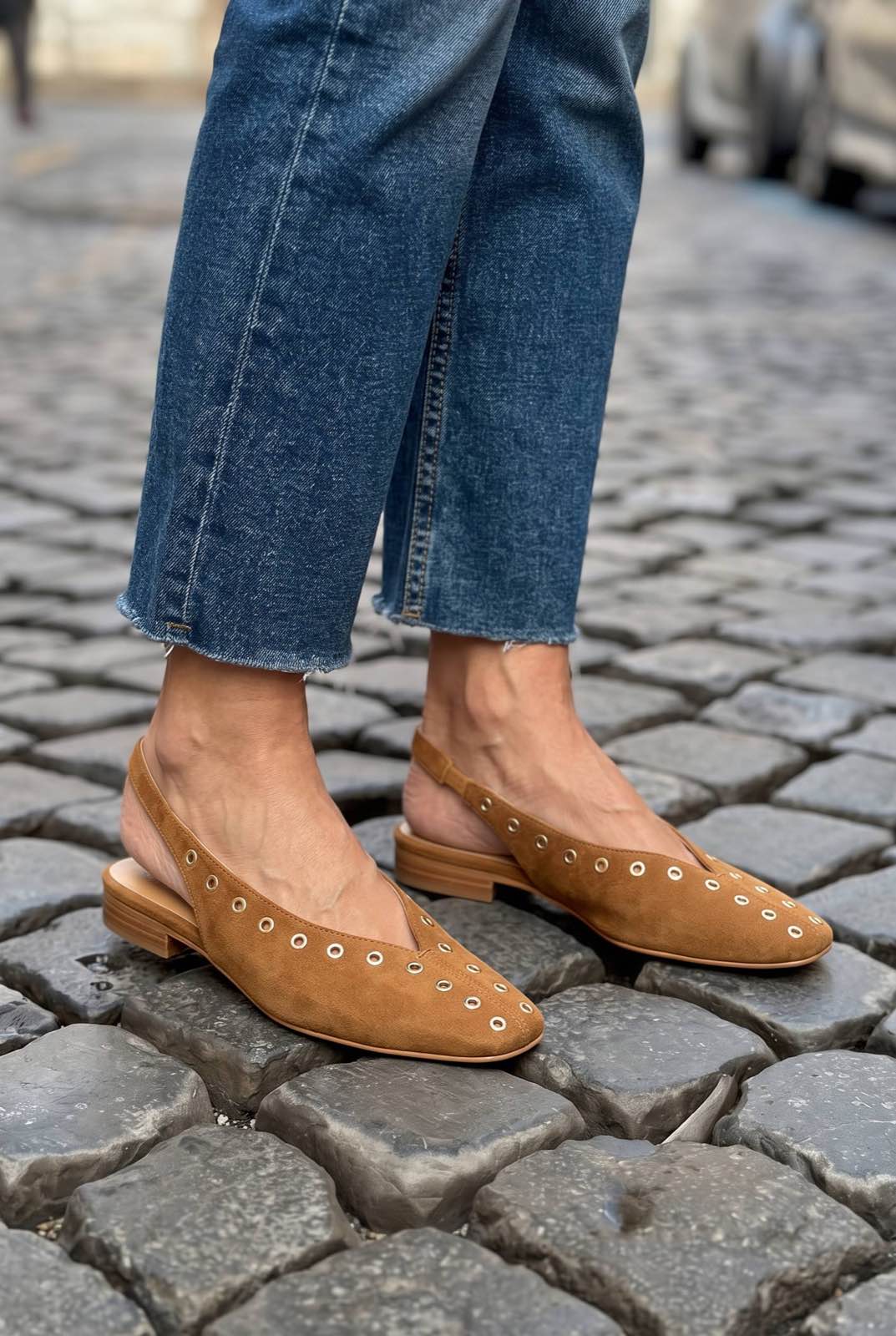 Grommet Embellished Square Toe Slingback Flat Shoes [Pre Order]