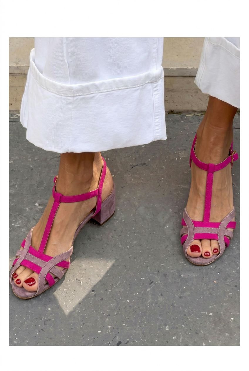 Suede T-Strap Peep Toe Block Heel Sandals [Pre Order]