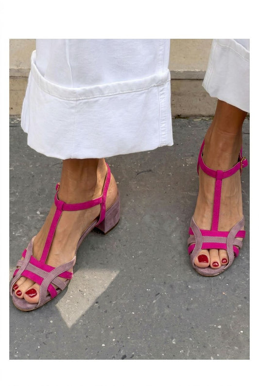 Suede T-Strap Peep Toe Block Heel Sandals [Pre Order]