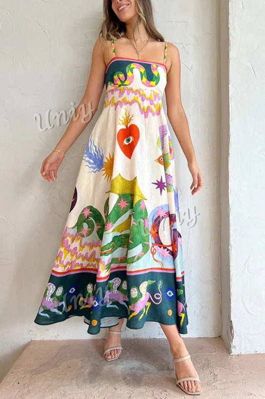 Feel Effortlessly Linen Blend Unique Print Smocked Back Midi Dress