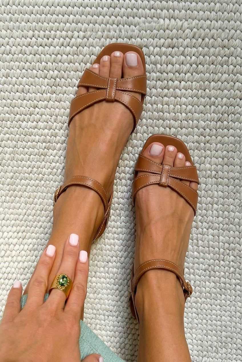 Contrast Stitched Strappy Square Toe Flat Sandals [Pre Order]
