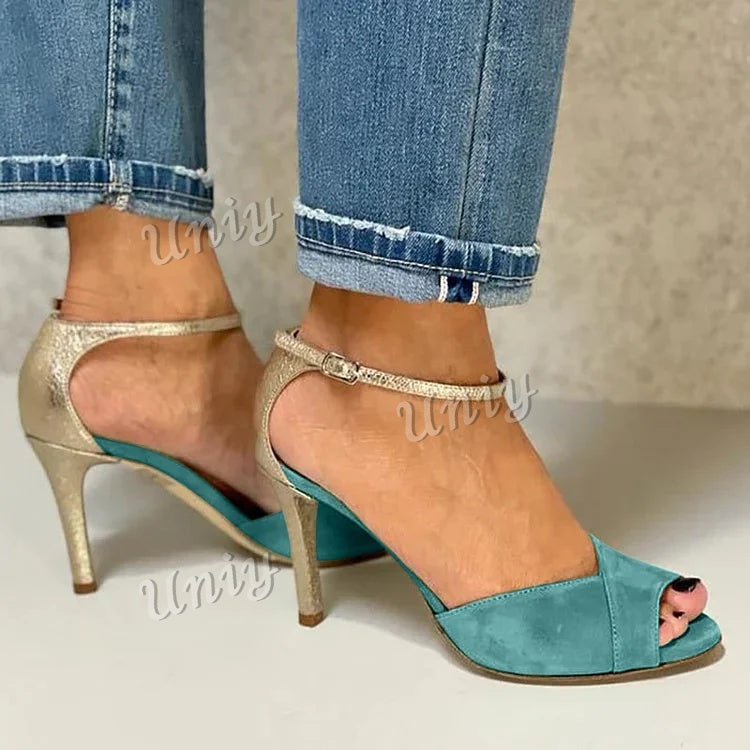 Glitter Ankle Strap Buckle Peep Toe Stiletto Heels