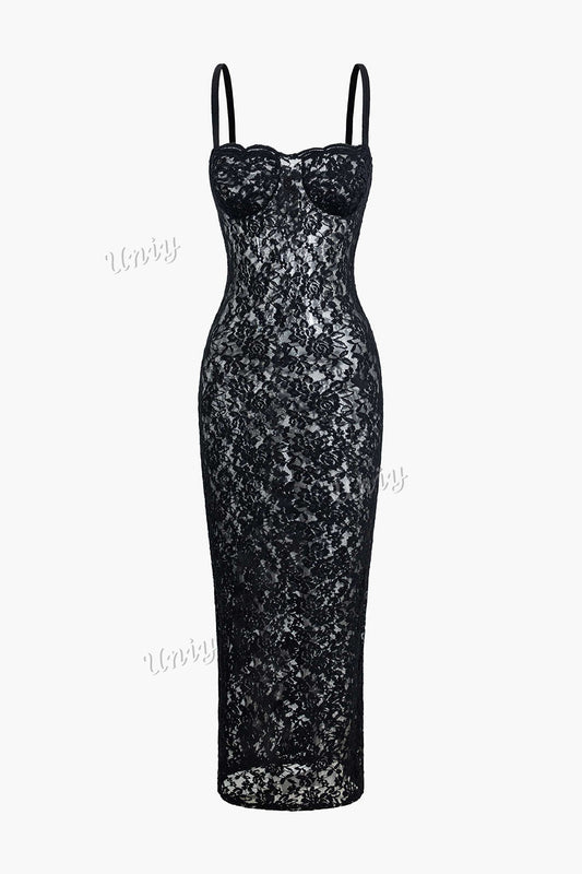 Lace Bustier Slit Slip Maxi Dress