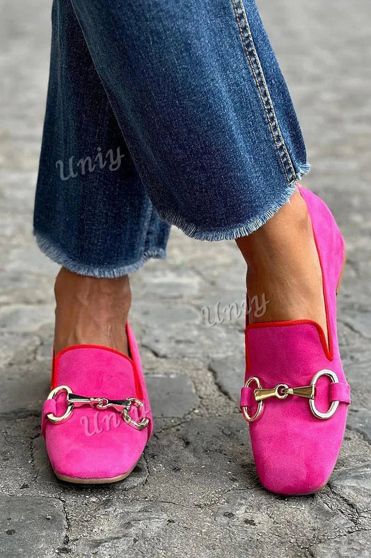 Metallic Buckle Square Toe Slip On Loafers