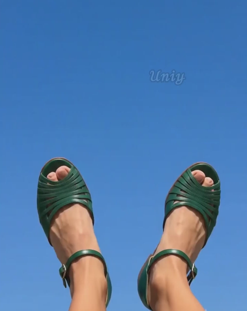 Green Woven Strap Peep Toe Ankle Strap Flat Sandals-uniy.mp4