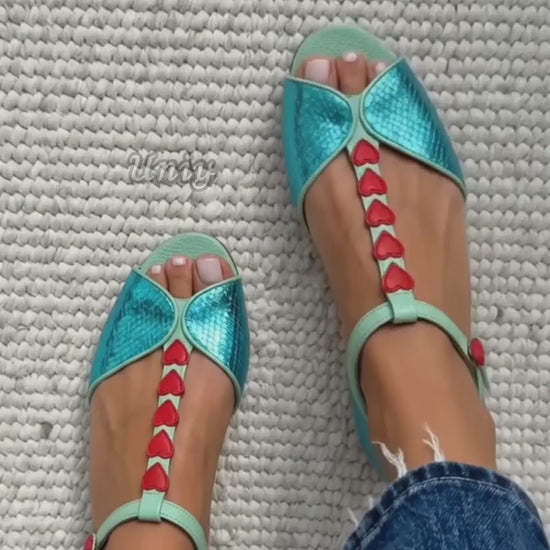 Red Heart Peep Toe T-Strap Teal Flat Sandalsuniy.mp4