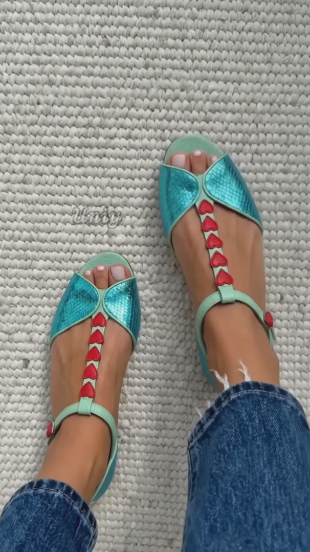 Red Heart Peep Toe T-Strap Teal Flat Sandalsuniy.mp4