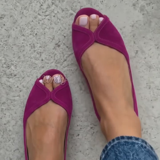 Chic Fuchsia Suede Peep Toe Slingback Flats-uniy