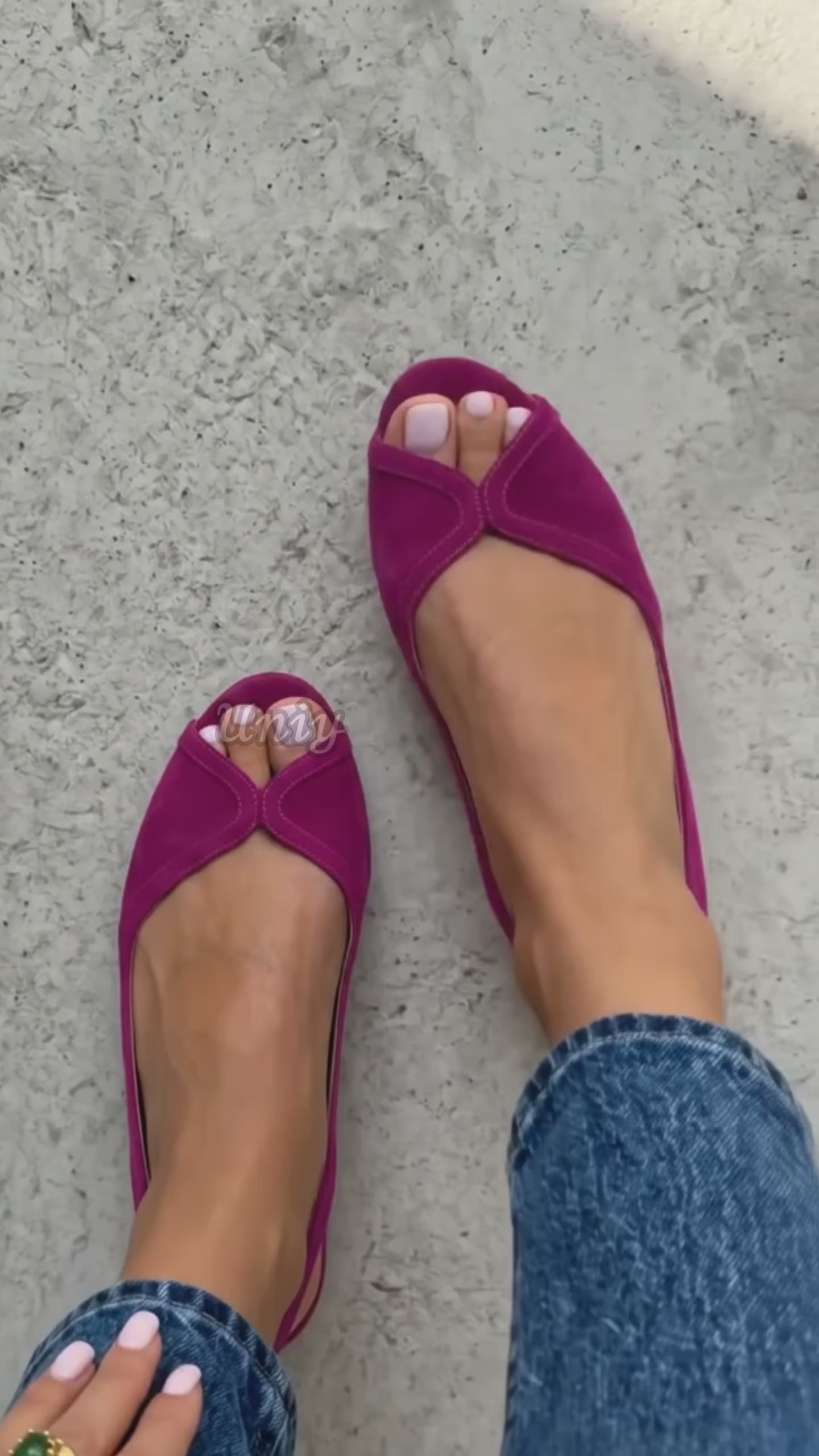 Chic Fuchsia Suede Peep Toe Slingback Flats-uniy